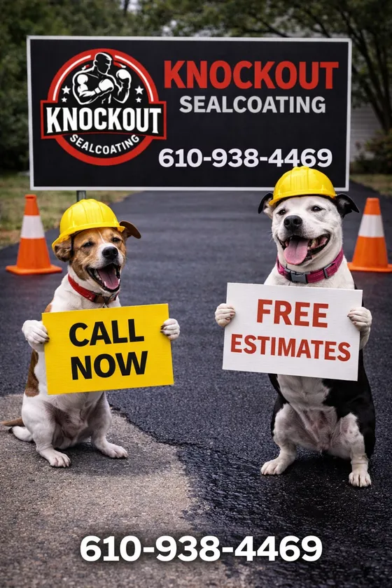 Two of Bobby's dogs in hard hats holding call-now and free-estimate signs