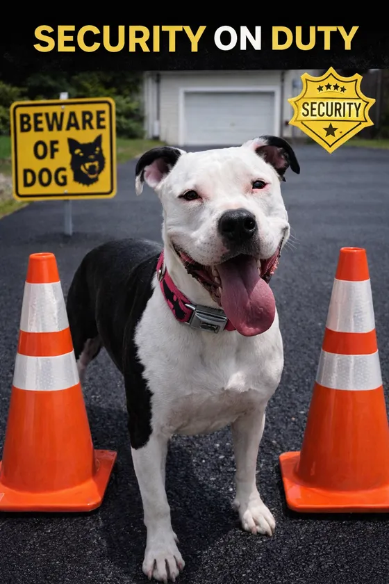 Bobby's dog on guard duty beside a beware-of-dog sign