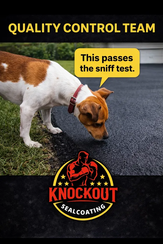 Bobby's dog inspecting fresh pavement — the quality control team