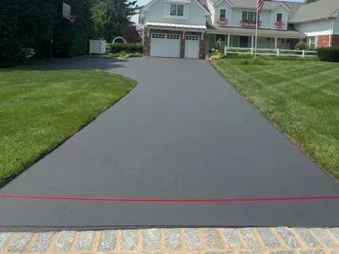 Same residential driveway with a fresh, glossy black seal coat