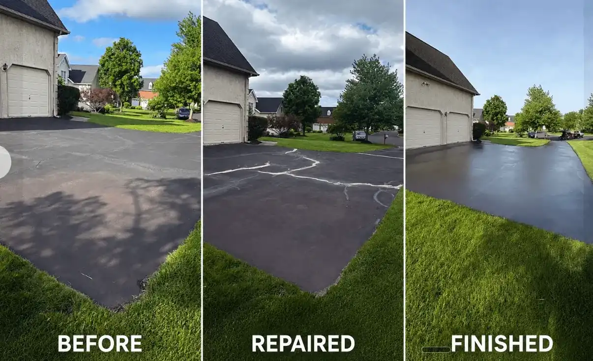 Three phases of asphalt crack repair, shown side by side: the open crack, the sealant being applied, and the finished sealed surface.